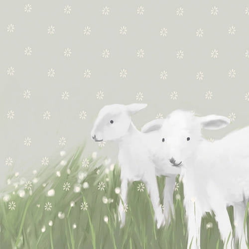 Two white goats in a grassy field with snowflakes on beige background, whimsical illustration style