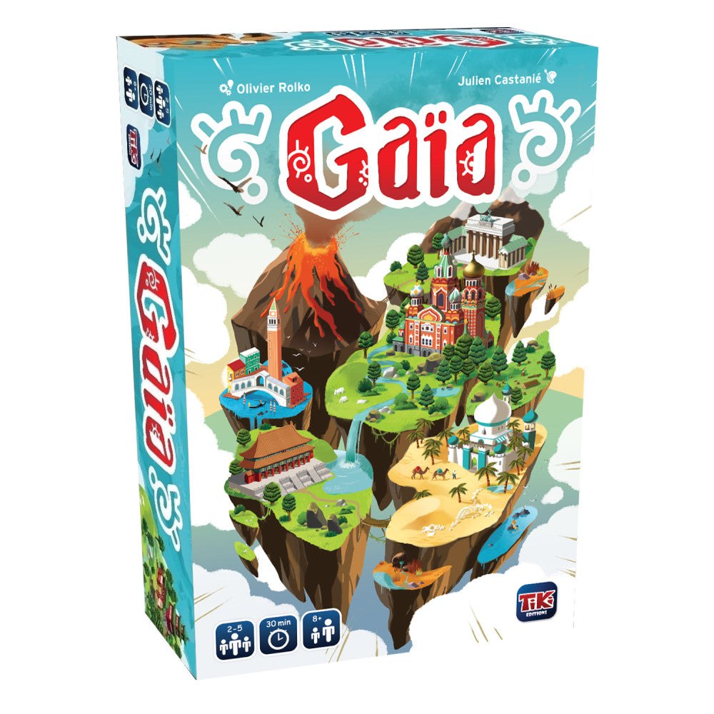 Gaia board game box showing colorful floating islands with volcano, temples, buildings, and desert landscape with 30 min play time, 2-5 players, ages 8+