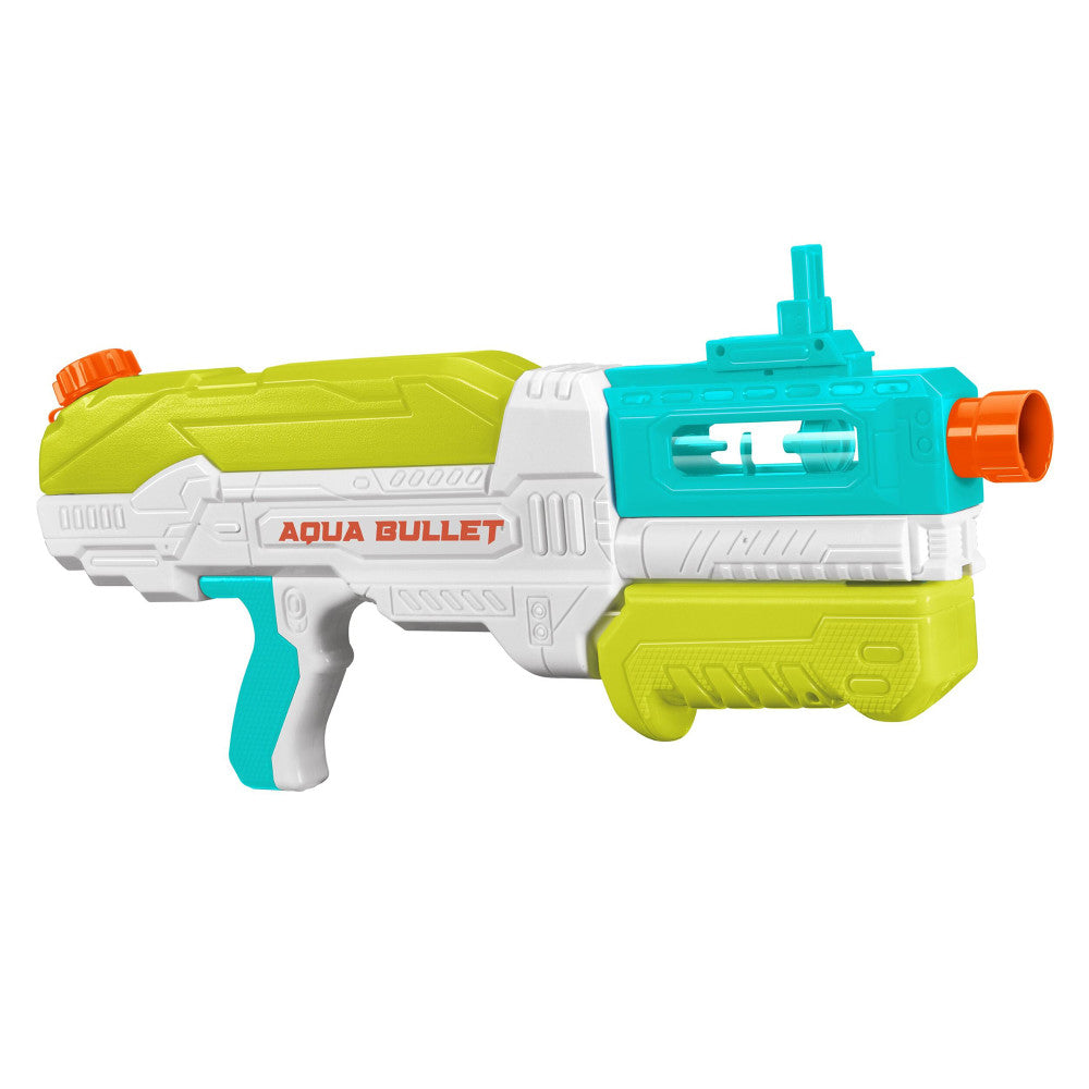 Water Warriors Aqua Bullet pump-action water blaster in lime green, turquoise, white, and orange