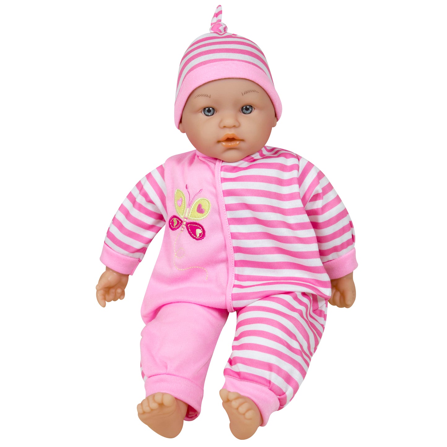 Baby doll with blue eyes wearing pink and white striped outfit, matching striped hat with pom-pom, and pink overalls with butterfly design