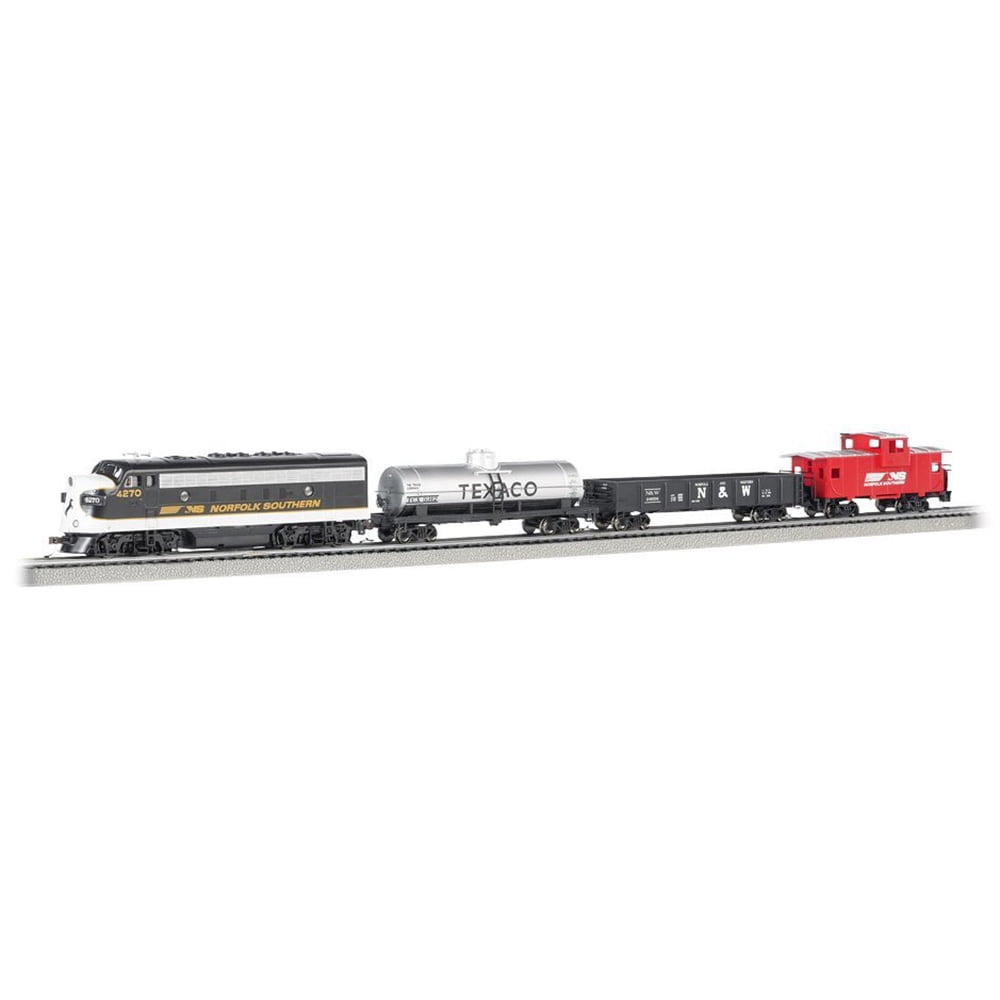 Bachmann Trains N scale model train set with black and gold Norfolk Southern locomotive, white Texaco tanker car, black N&W freight car, and red caboose on whit