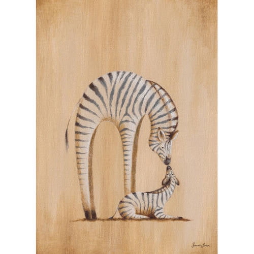 Canvas art showing an adult zebra bending down to nuzzle a baby zebra on a light wood background
