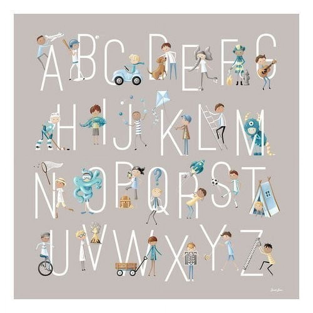 Alphabet poster with illustrated children engaged in activities for each letter A through Z on gray background