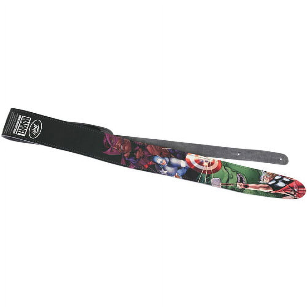Black leather guitar strap with Marvel Avengers characters including Captain America shield, Iron Man, and other heroes printed on the end