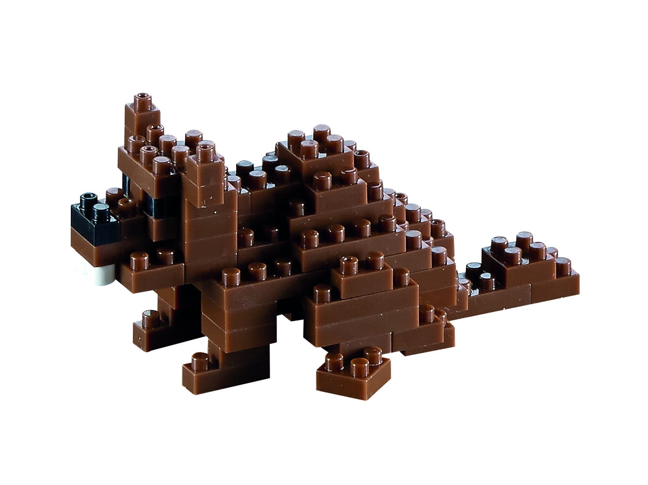 Brown brick building blocks assembled into a beaver figure with black accents, shown on plain white background