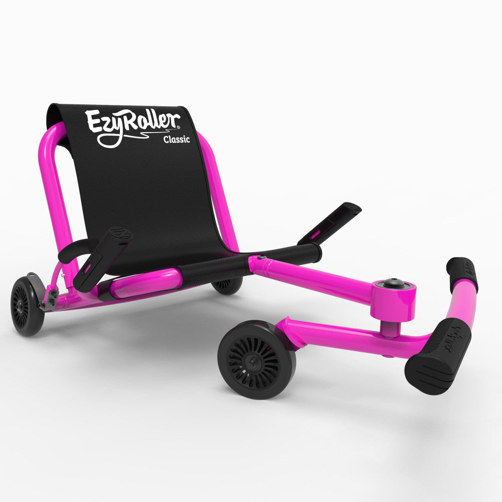 EzyRoller Classic ride-on scooter in pink and black with extendable frame, black wheels, and handles on plain background