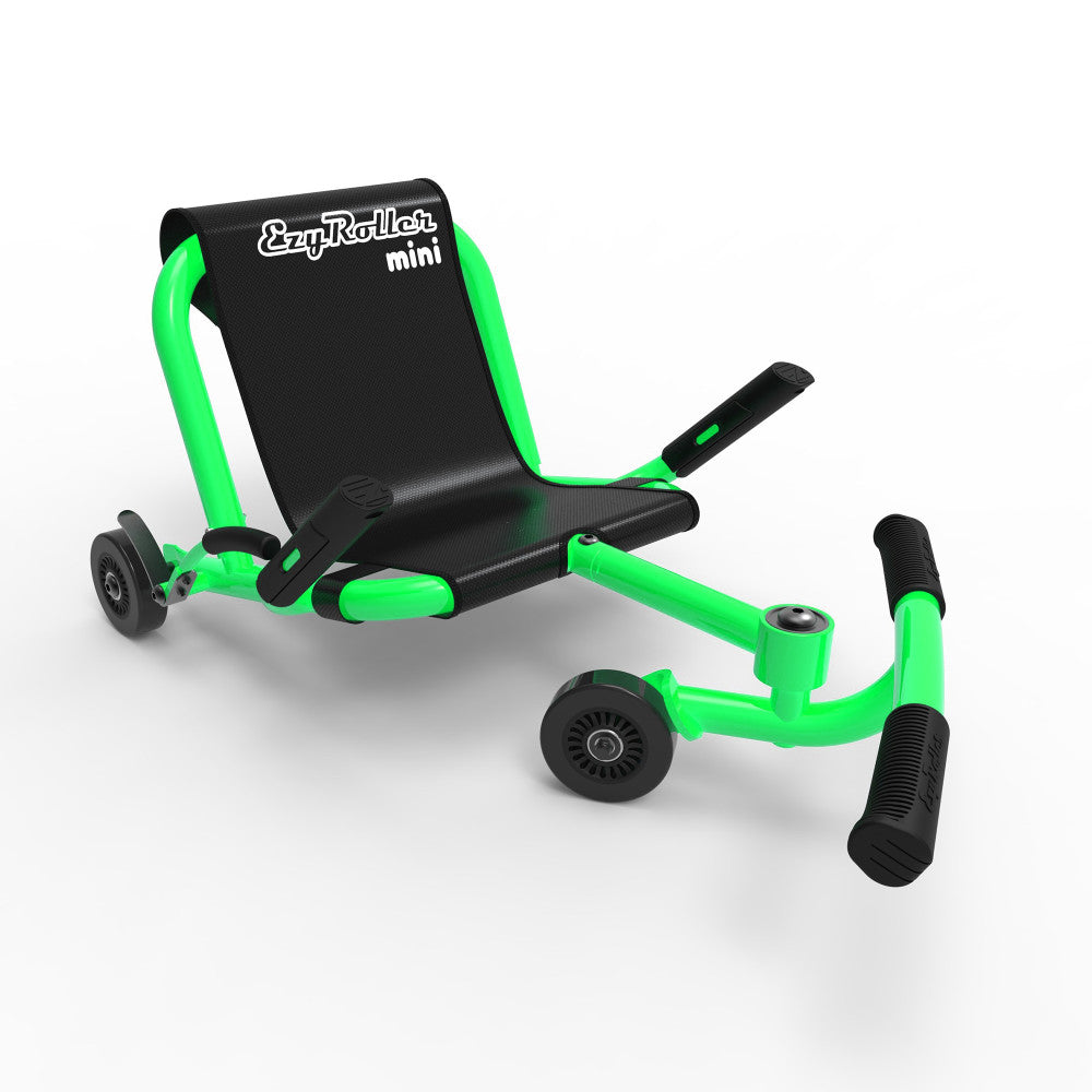 EzyRoller Mini in green and black with three wheels, handlebar grips, and a seat on plain background