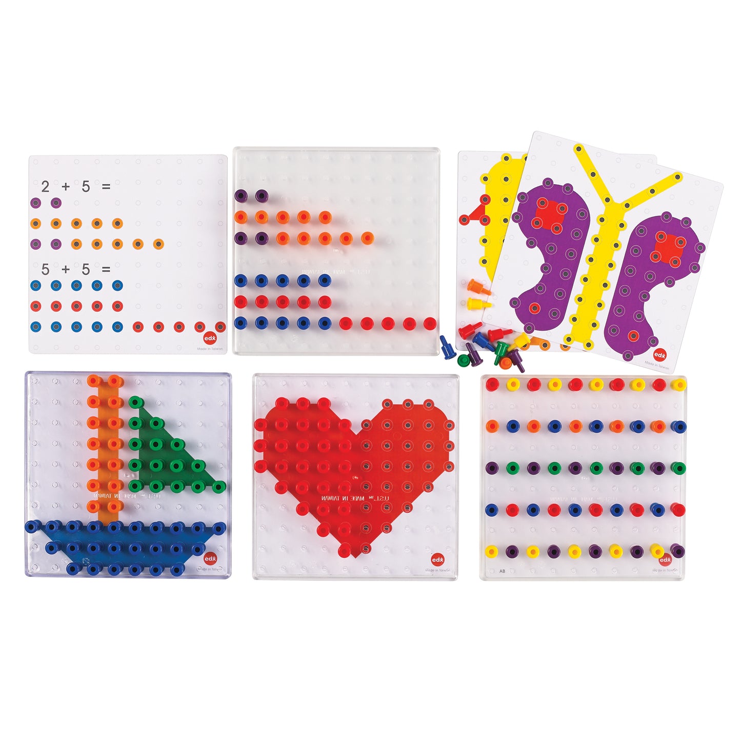 Six activity boards with colorful pegs and connectors: math problems with colored dots, geometric patterns, heart shape, triangle design, and color-sorting rows