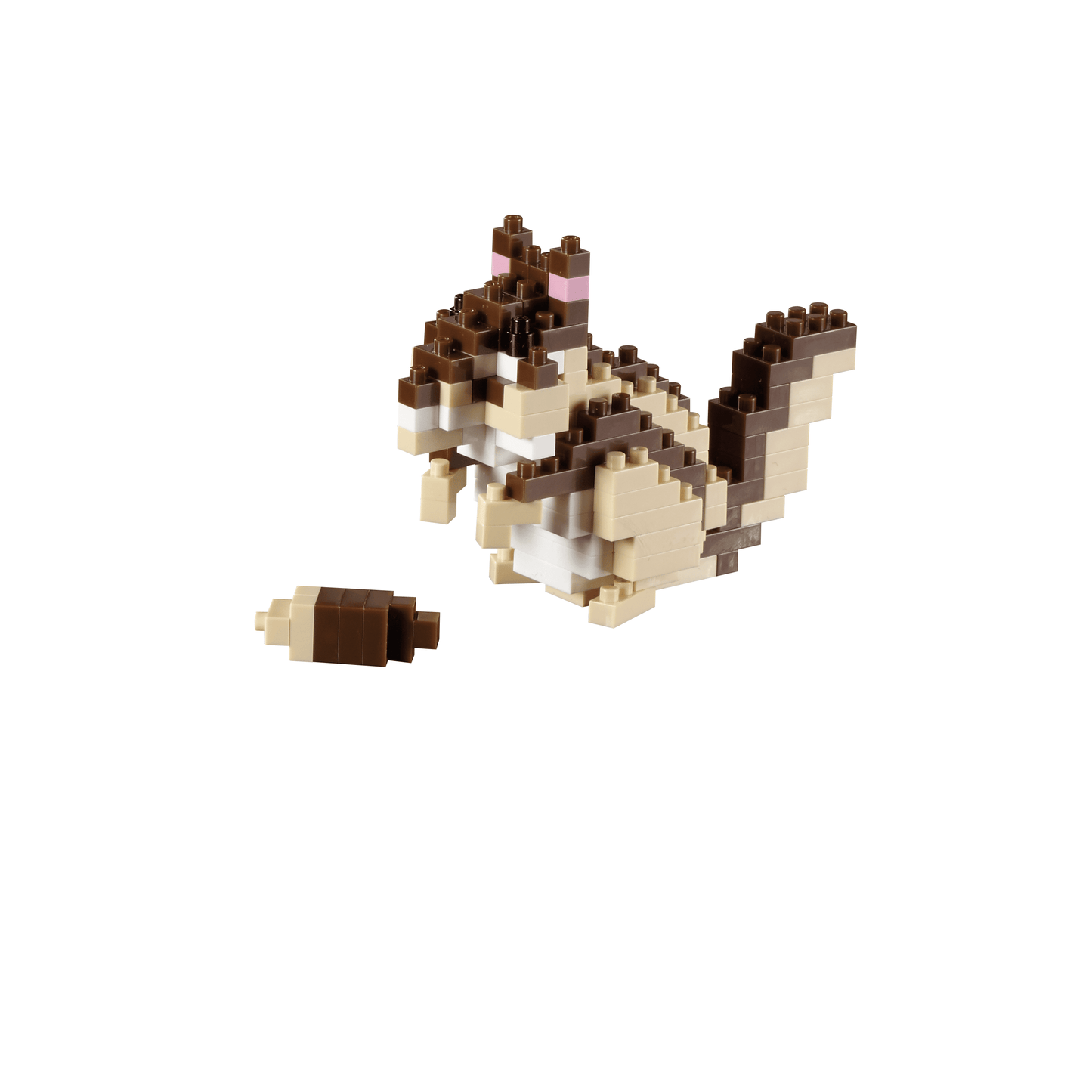 Brixies construction set building a brown and tan pixelated chipmunk figure with pink nose detail and separate log accessory piece