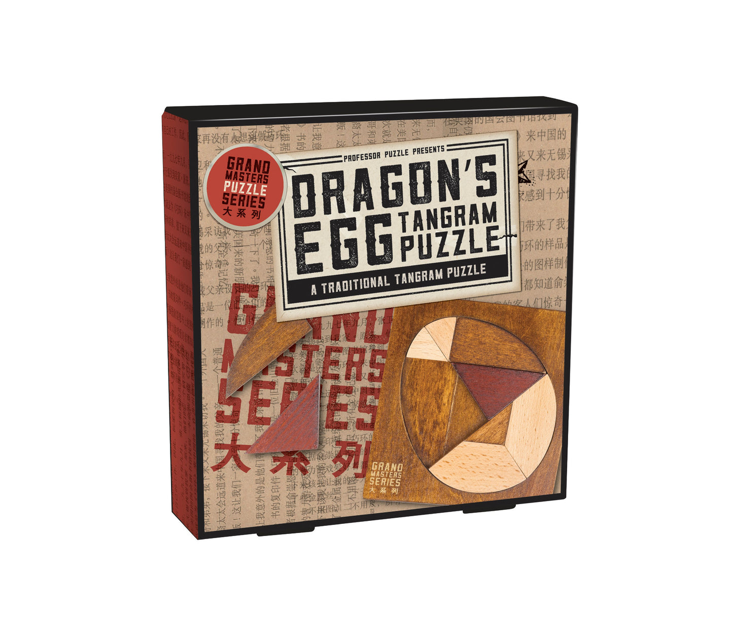 Professor Puzzle Grand Masters Dragon's Egg Tangram Puzzle box featuring wooden pieces shaped like an egg with Asian characters and traditional tangram design