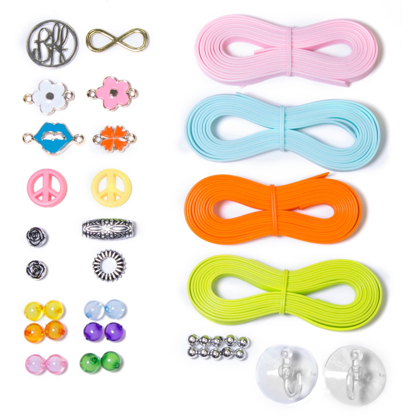 Strand Bands bracelet maker kit showing colorful cords in pink, blue, orange, and lime green, metal charms including flowers, peace signs, and infinity symbols,