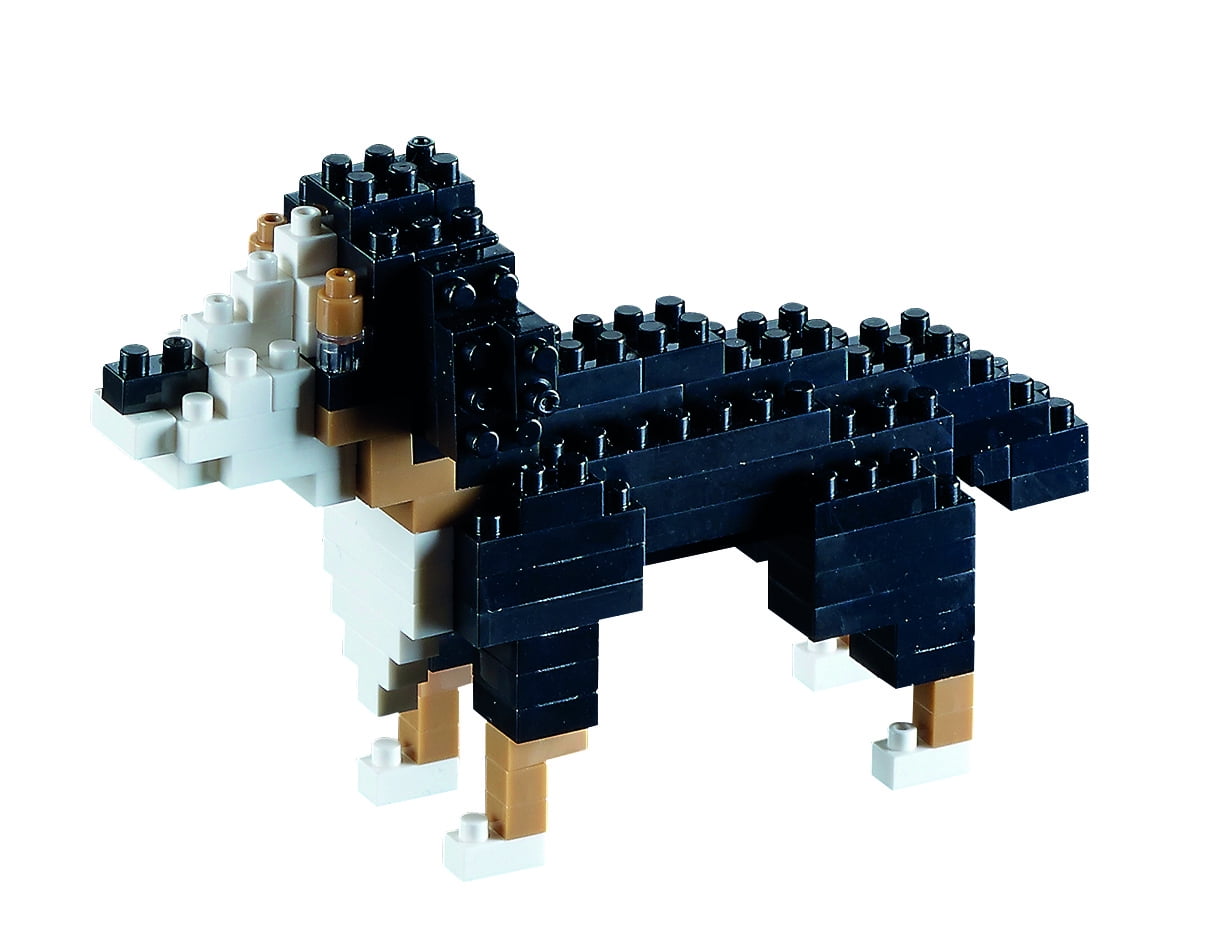 St. Bernard dog constructed from dark blue, white, and tan building blocks, shown against a plain white background