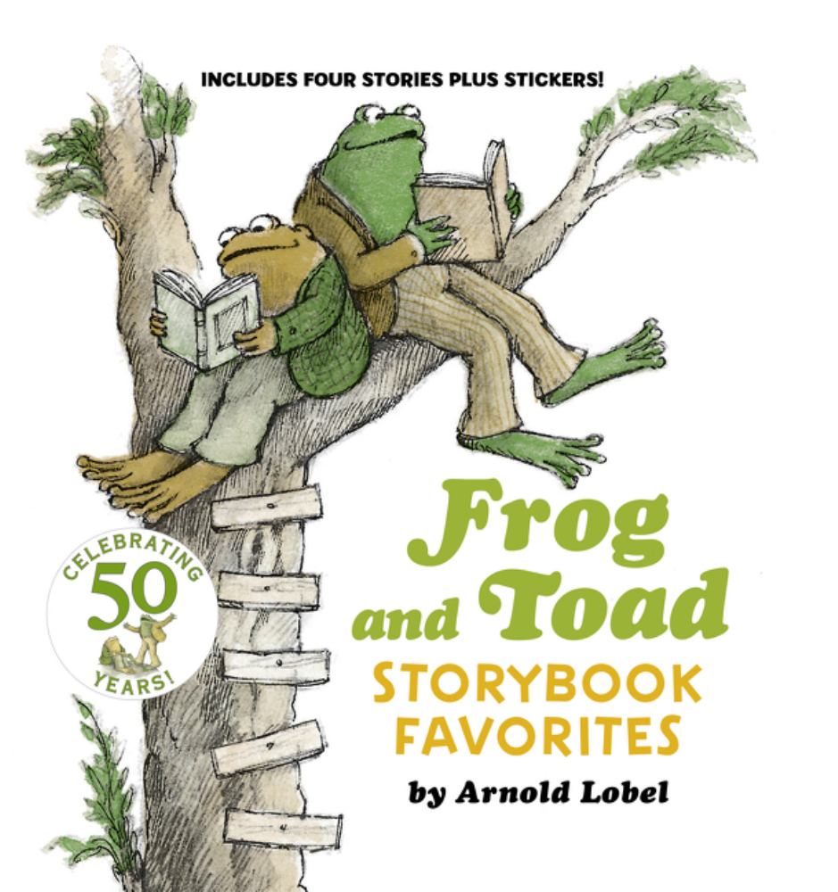 Frog and Toad Storybook Favorites by Arnold Lobel book cover featuring illustrated frog reading on tree branch, celebrating 50 years, includes four stories plus