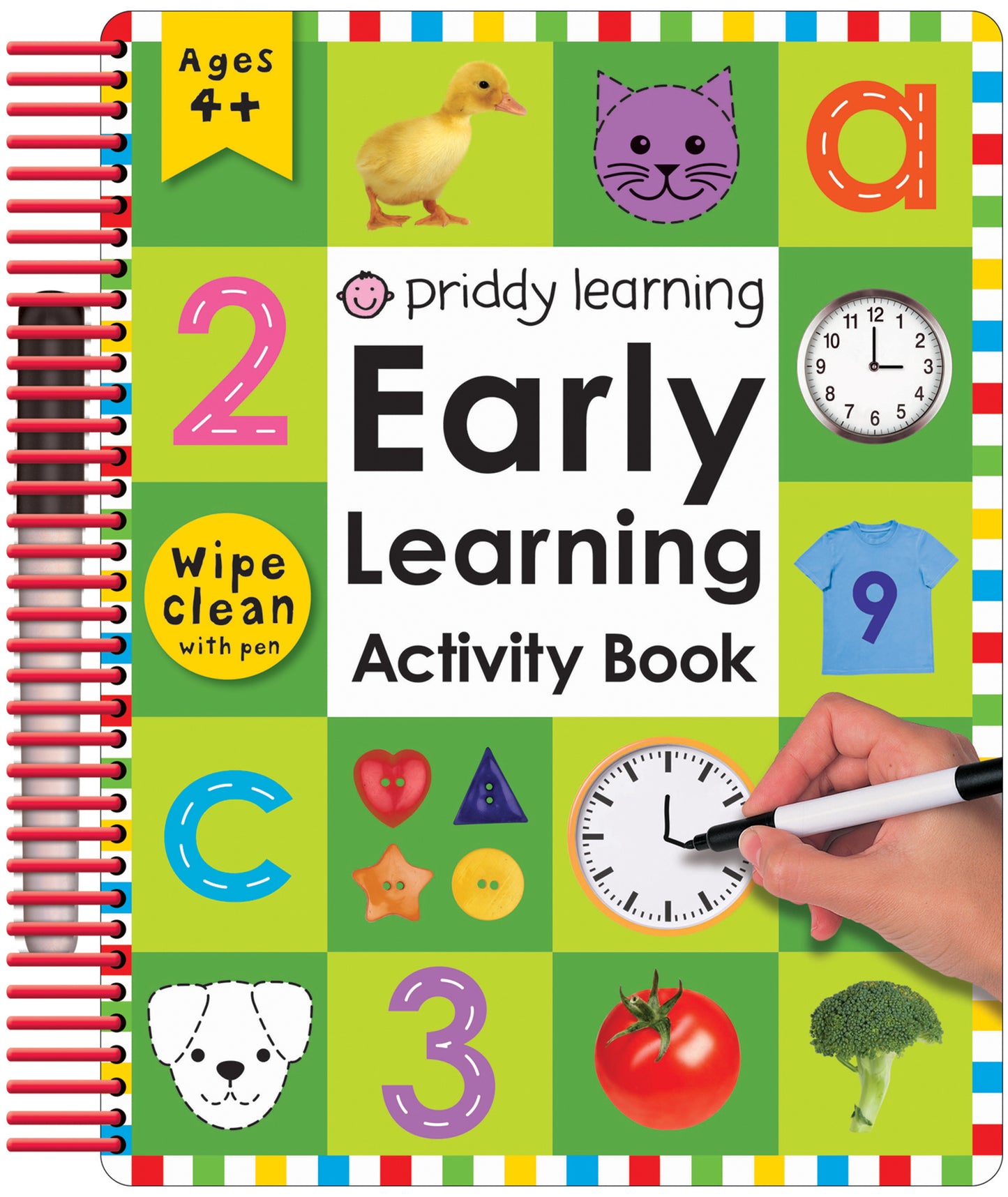 Spiral-bound Early Learning Activity Book by Priddy Learning, ages 4+, featuring colorful grid of learning images including duck, cat, numbers, clock, shirt, sh