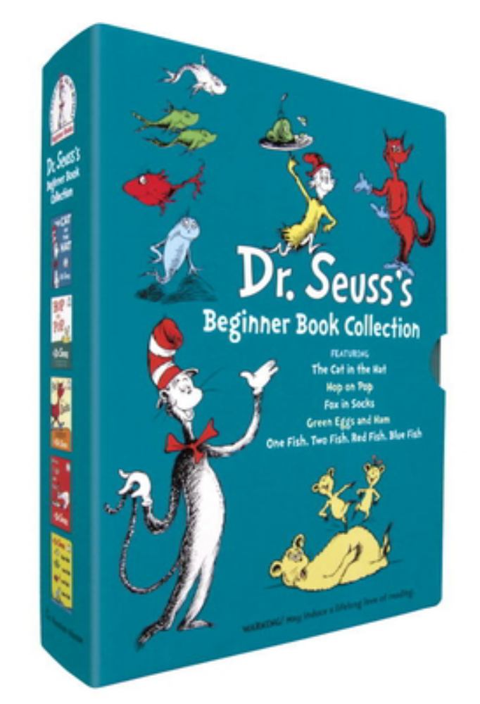 Dr. Seuss's Beginner Book Collection hardcover box set featuring the Cat in the Hat and colorful characters including fish, creatures, and Seussian scenes on te