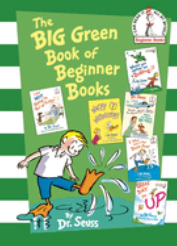 The BIG Green Book of Beginner Books by Dr. Seuss, 6-in-1 story collection featuring illustrated character splashing in water on green striped background with b