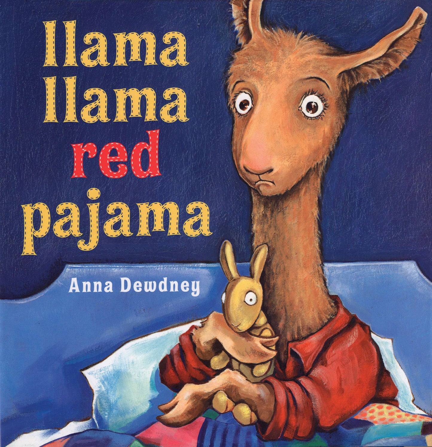 Llama Llama Red Pajama book cover featuring a tall brown llama in red pajamas holding a small yellow llama toy, illustrated by Anna Dewdney on dark blue backgro
