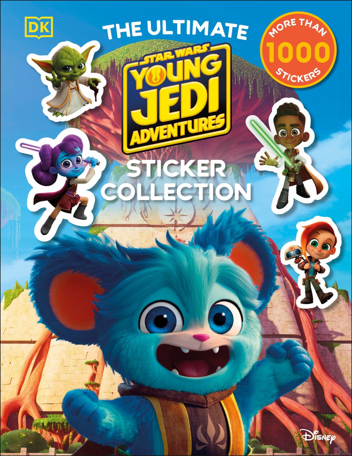 The Ultimate Star Wars Young Jedi Adventures Sticker Collection book cover featuring a blue furry character with large eyes, Yoda, and child Jedi characters, wi