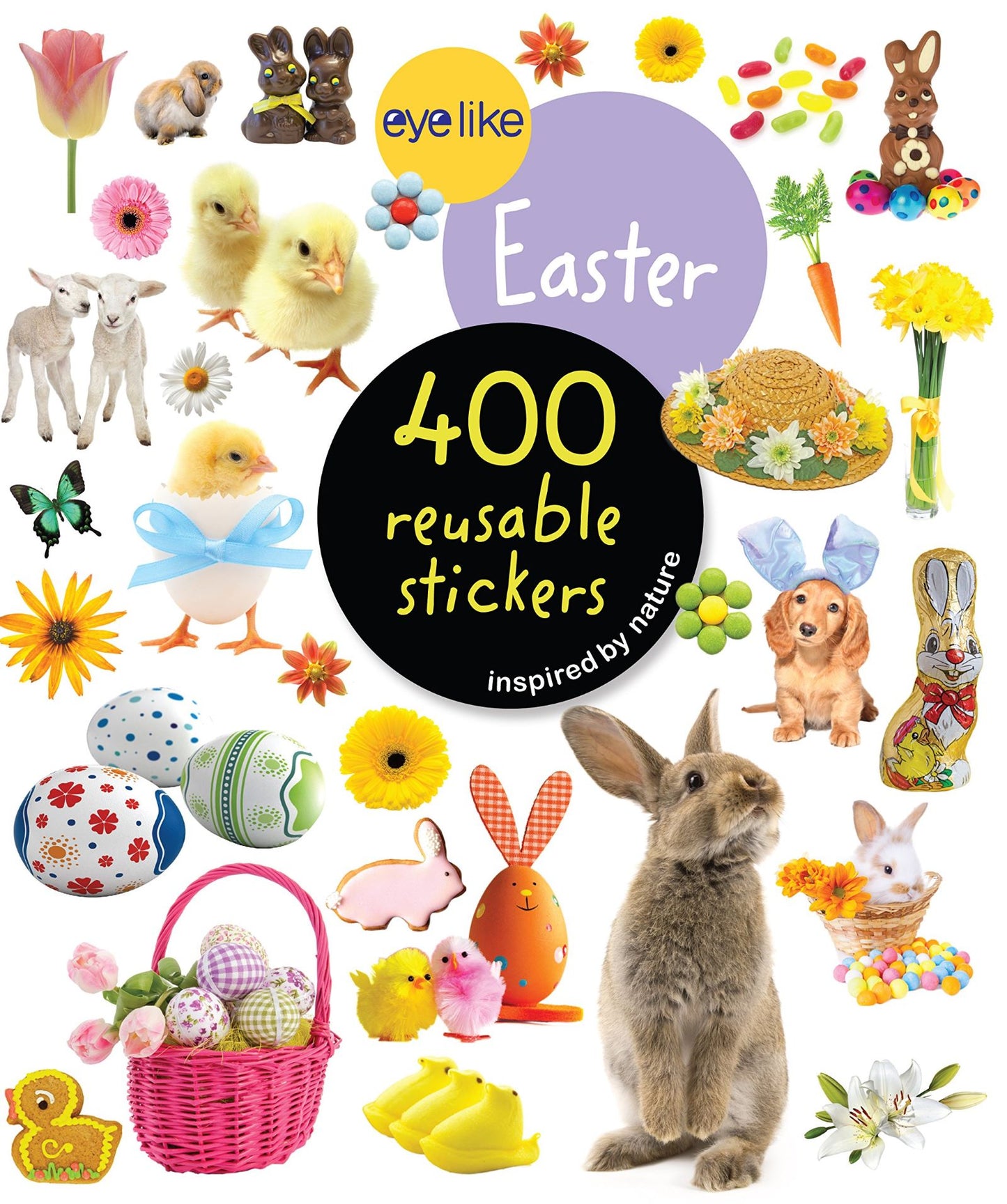 Eyelike Easter sticker book cover featuring 400+ reusable stickers with spring and Easter imagery including rabbits, chicks, lambs, flowers, eggs, baskets, and
