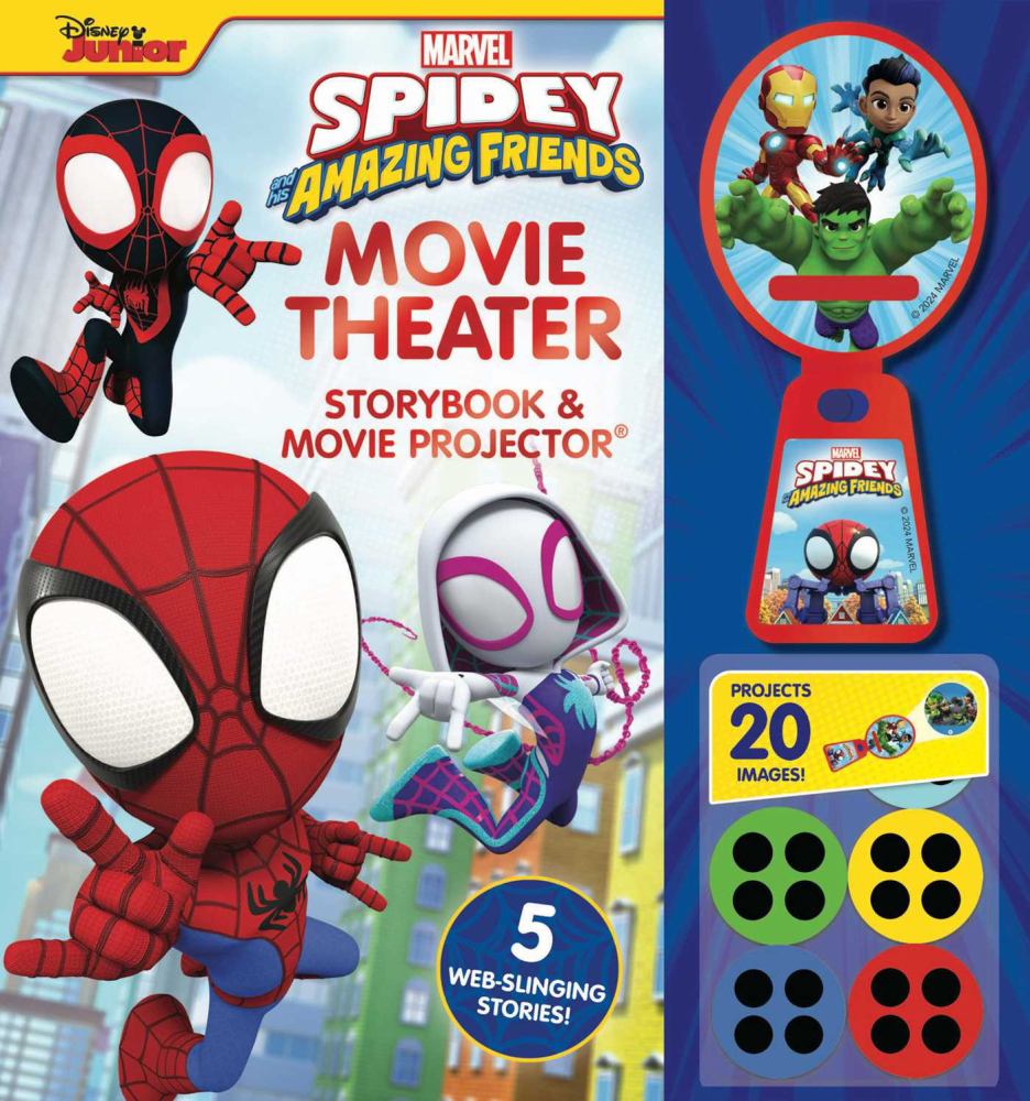 Marvel Spidey and His Amazing Friends Movie Theater Storybook & Movie Projector package showing red projector with character scenes, storybook, and 20 image dis