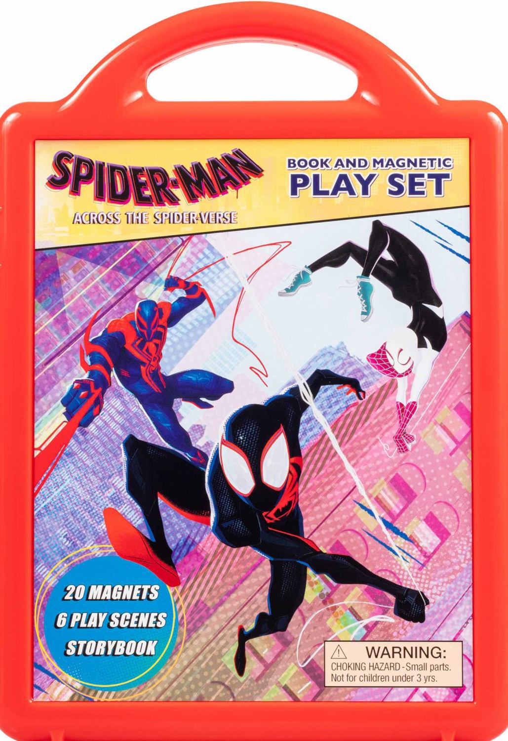 Red carrying case with Spider-Man: Across the Spider-Verse Book and Magnetic Play Set featuring multiple Spider-Man characters on colorful cityscape background,