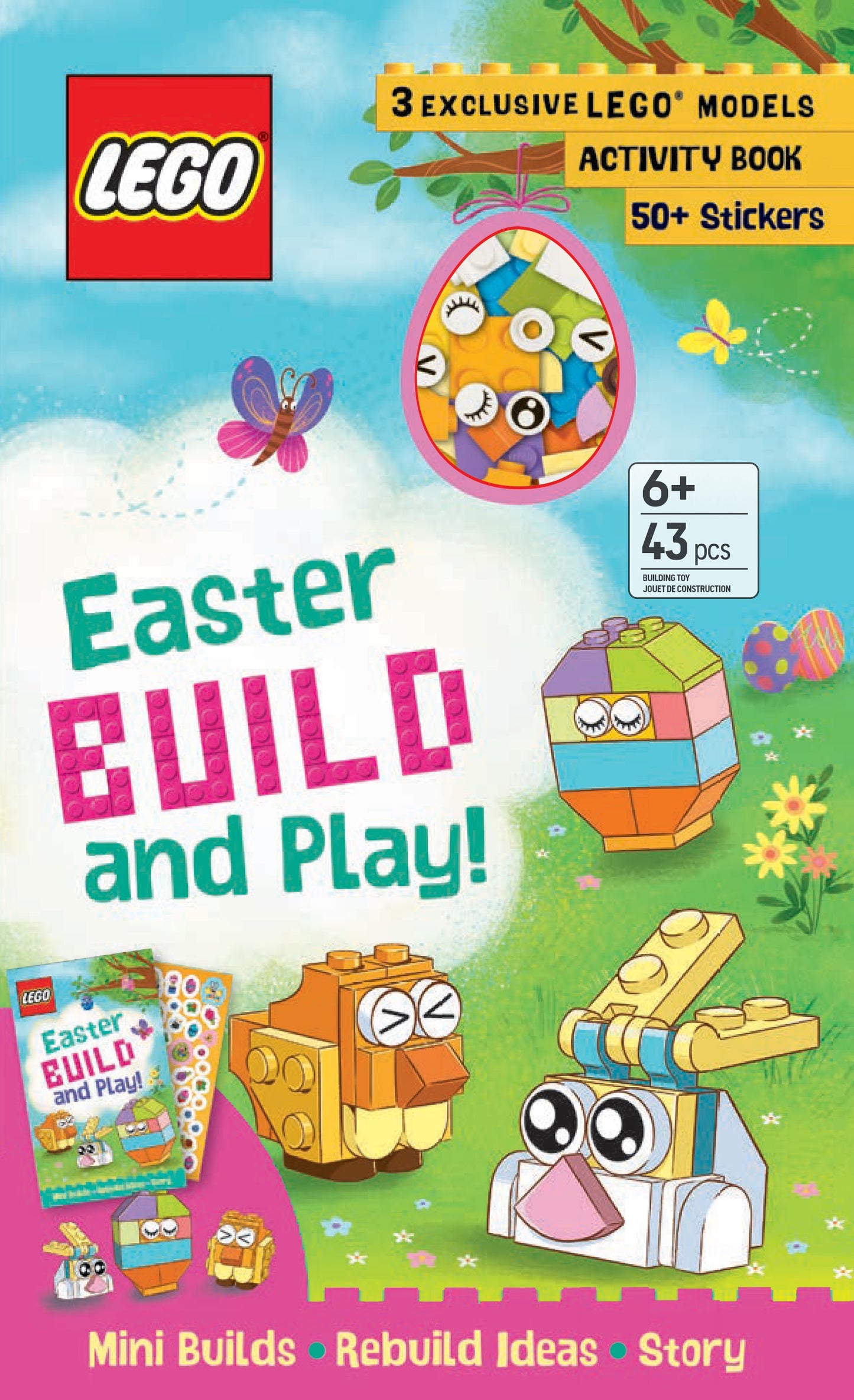 Easter Build and Play box featuring LEGO logo, colorful Easter egg builds with face details, butterflies, flowers, 3 exclusive LEGO models, activity book, 50+ s