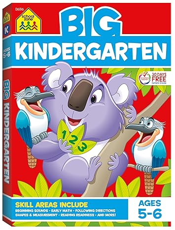 School Zone Big Kindergarten Workbook with purple koala character, ages 5-6