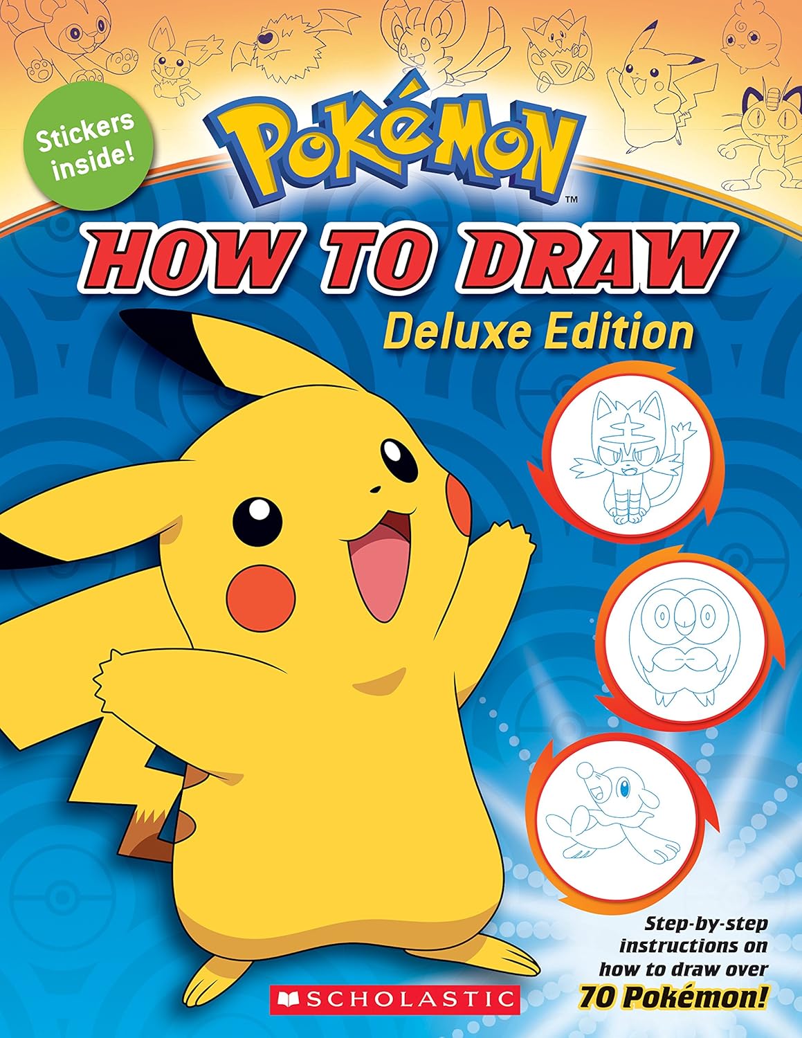 Pokémon How to Draw Deluxe Edition book cover featuring Pikachu with step-by-step drawing instruction circles and 'Stickers inside!' callout
