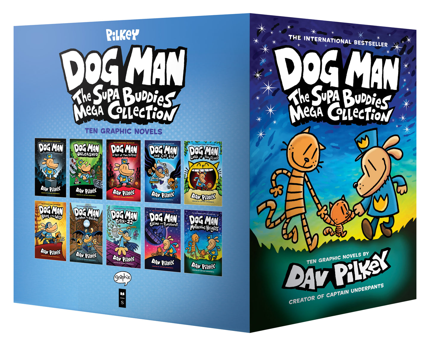 Dog Man: The Supa Buddies Mega Collection boxed set containing ten graphic novels by Dav Pilkey, with illustrated dog and cat characters on colorful gradient ba