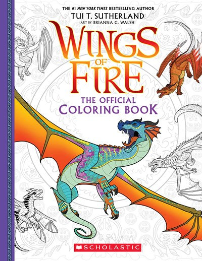Wings of Fire Official Coloring Book cover featuring a colorful dragon with orange wings and a turquoise body among sketch-style dragon illustrations