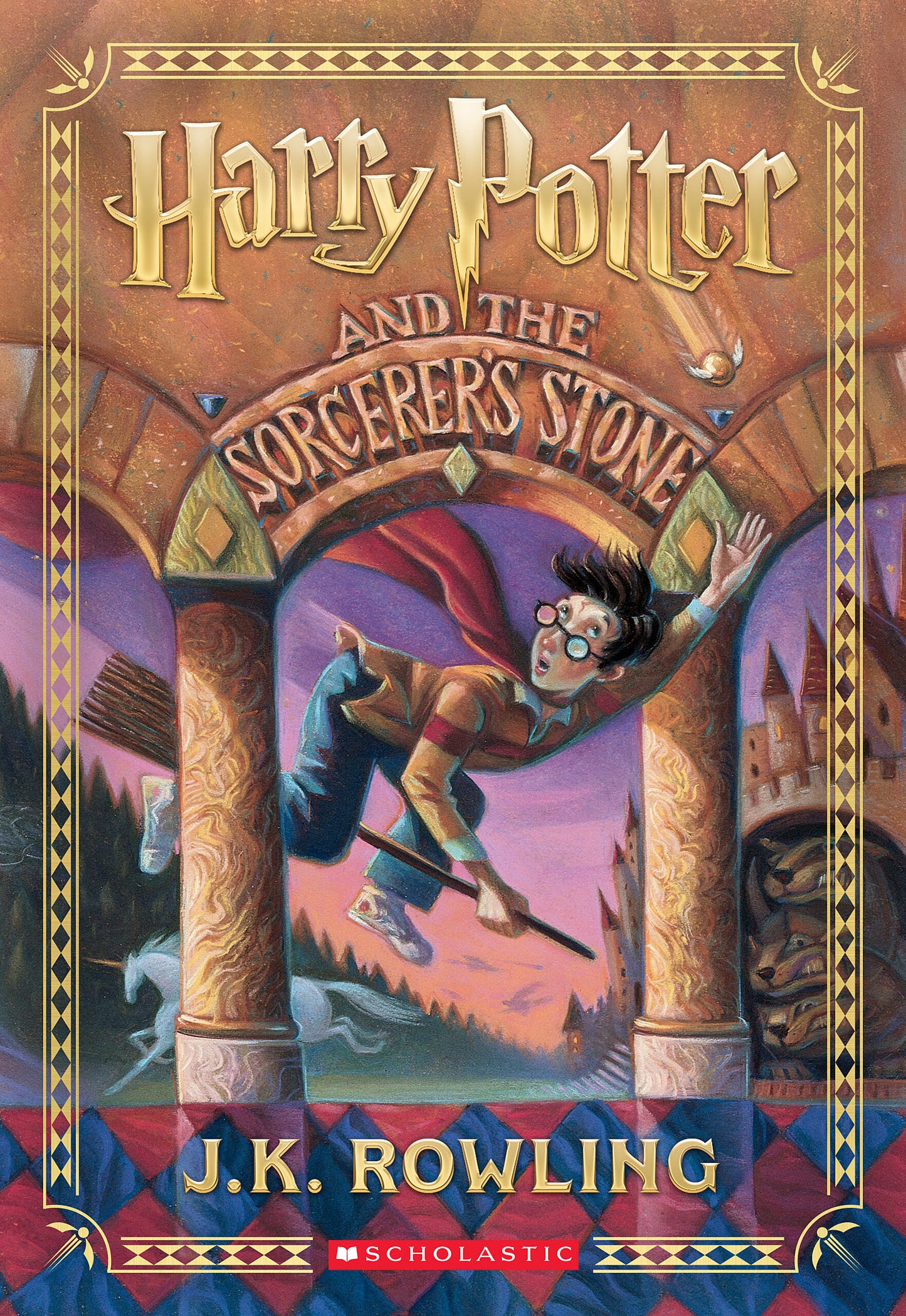Harry Potter and the Sorcerer's Stone book cover featuring illustrated young wizard with broomstick flying through ornate archway against purple and orange sky