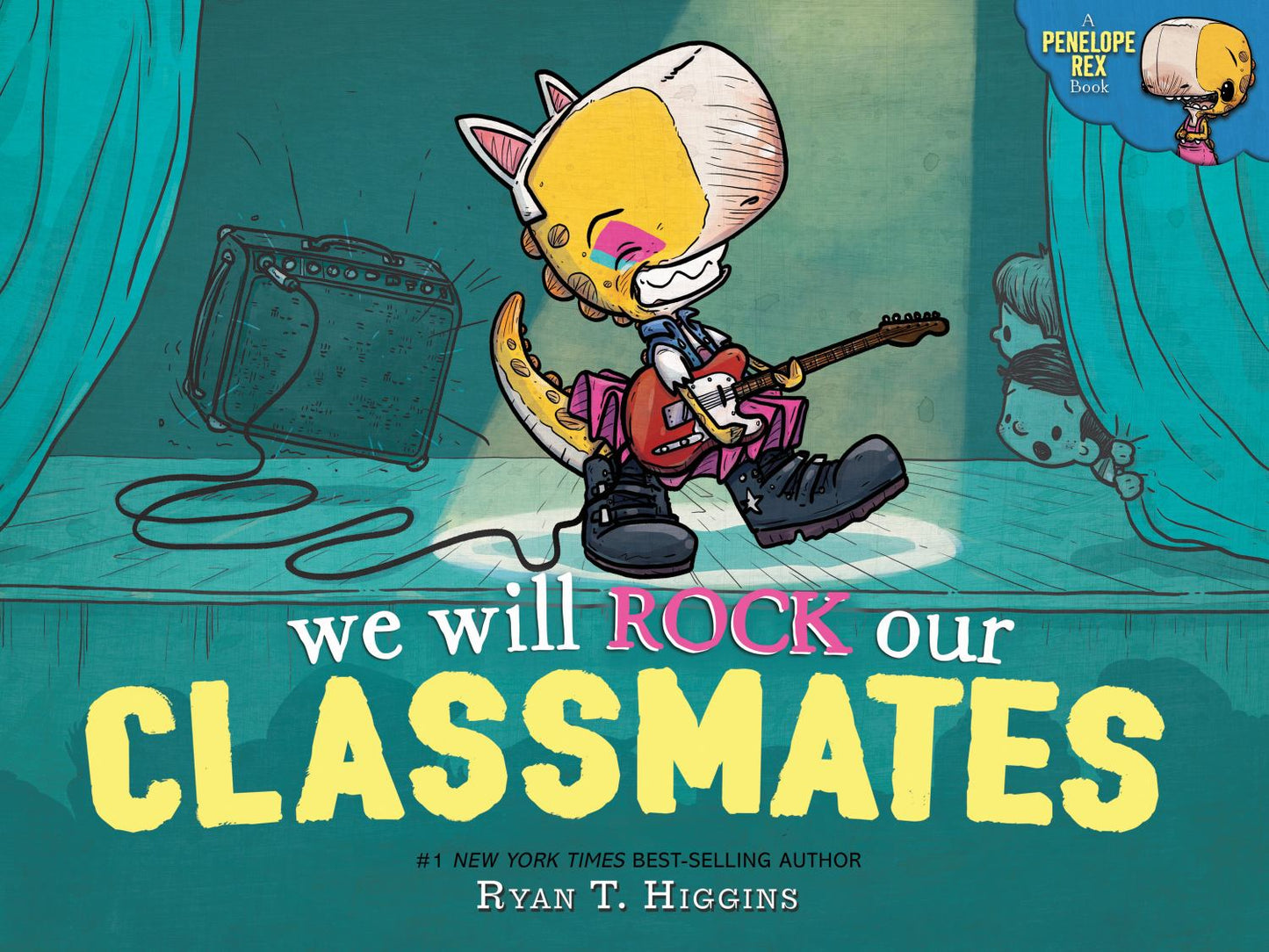 We Will Rock Our Classmates Penelope Rex book with yellow dinosaur character playing guitar