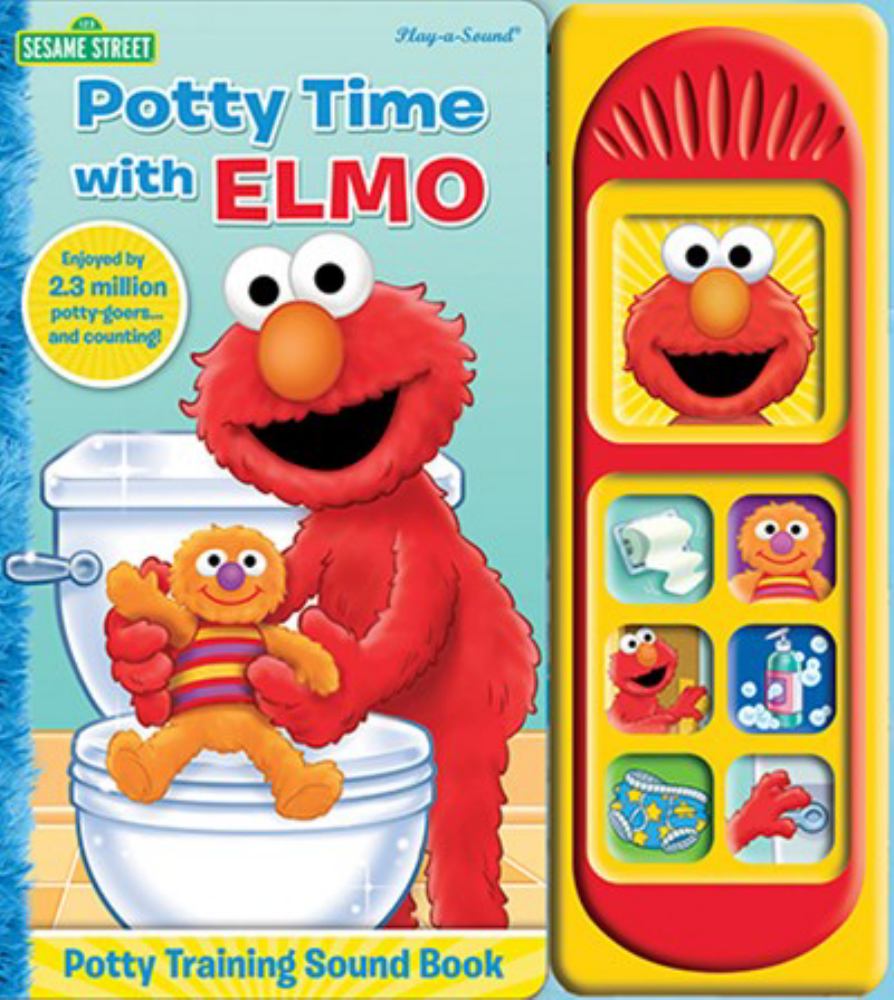 Sesame Street Potty Time with Elmo interactive sound book with red button-activated speaker showing Elmo and Elmo holding a small character on toilet