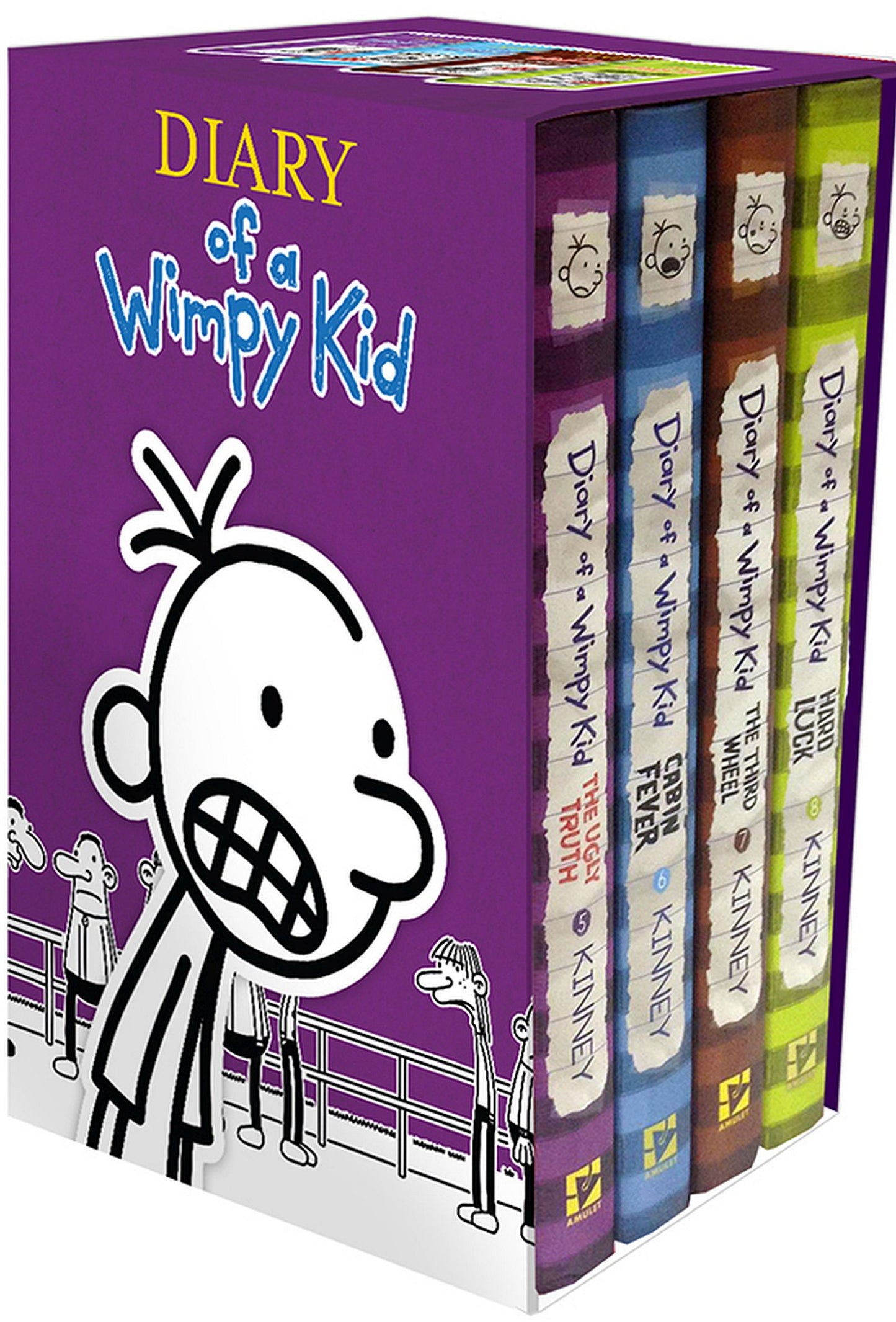Diary of a Wimpy Kid Box Set containing four hardcover books with spines in purple, blue, brown, and green featuring the character Greg Heffley's cartoon face o