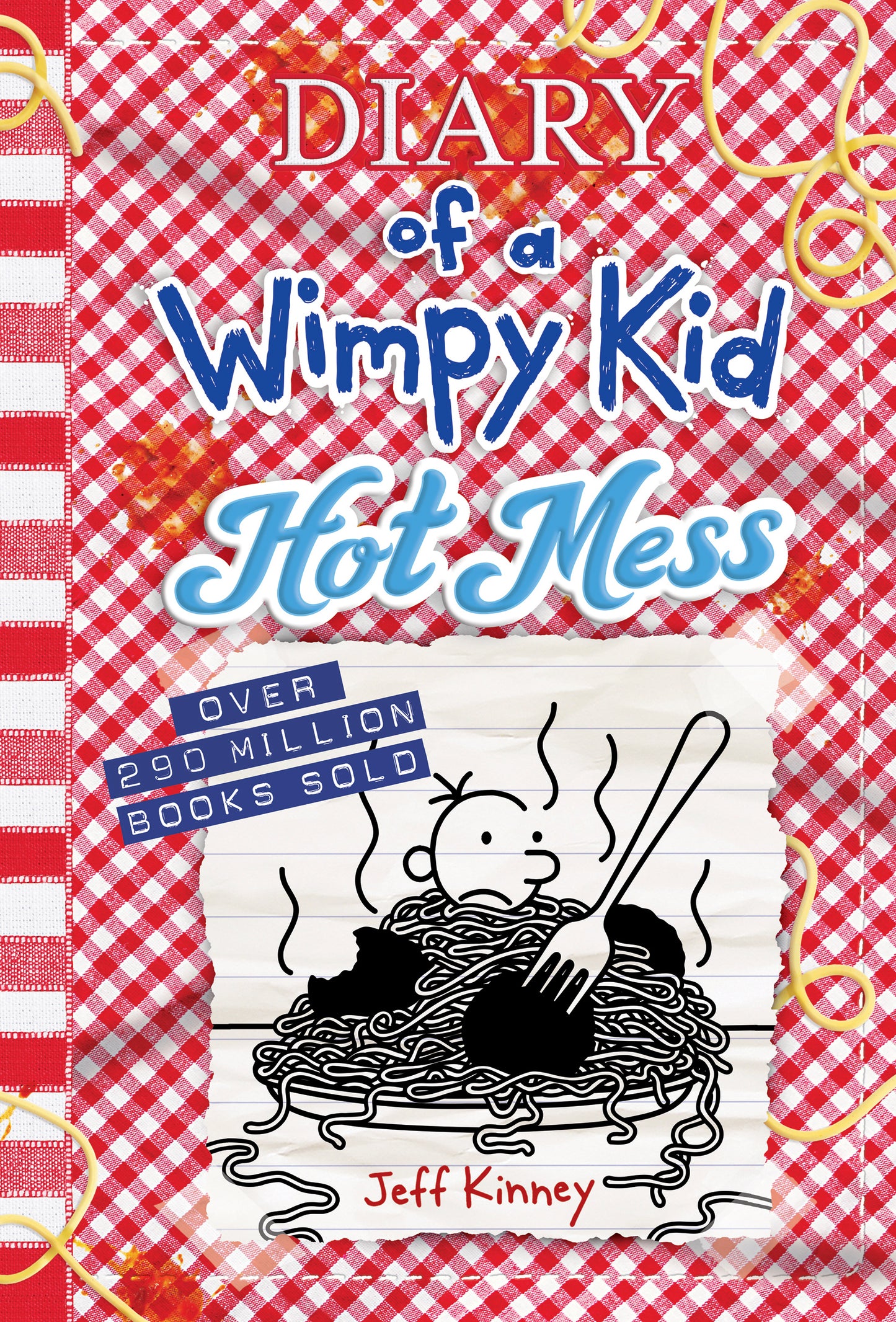 Diary of a Wimpy Kid: Hot Mess by Jeff Kinney book cover featuring red gingham background, title text, and cartoon character in bowl of noodles