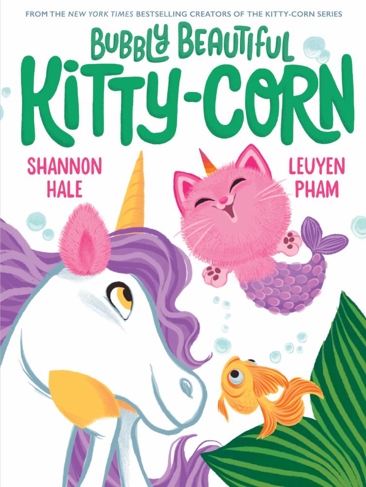 Bubbly Beautiful Kitty-Corn book cover featuring a purple and white unicorn with yellow horn, pink fluffy kitty-corn character, orange fish, and bubbles by Shan