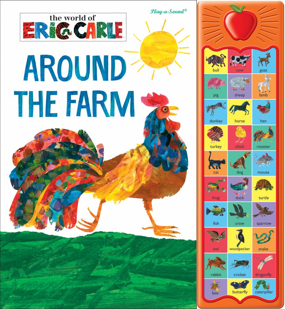 Eric Carle's Around the Farm Sound Book cover featuring colorful patchwork rooster and farm animal sound buttons with illustrated grid of animals