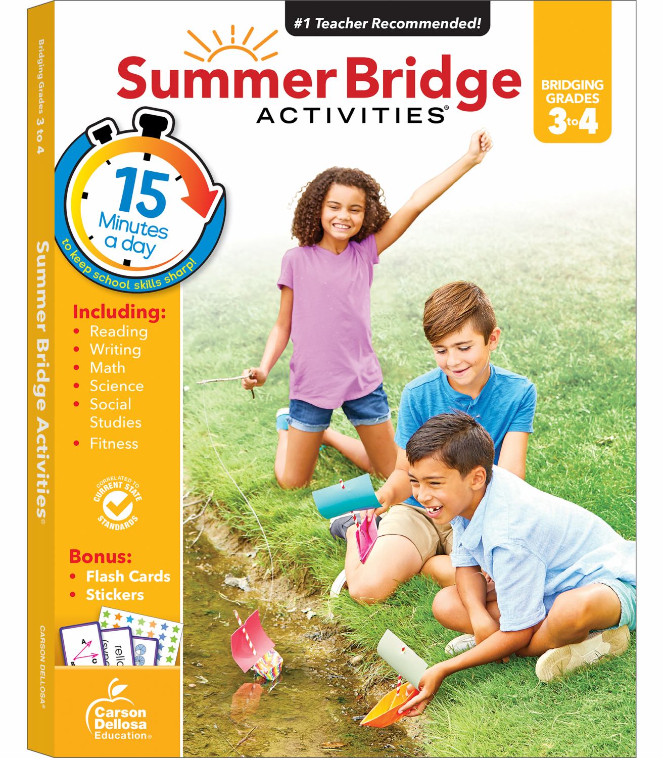 Summer Bridge Activities Grades 3-4 workbook with yellow cover, featuring children playing outdoors