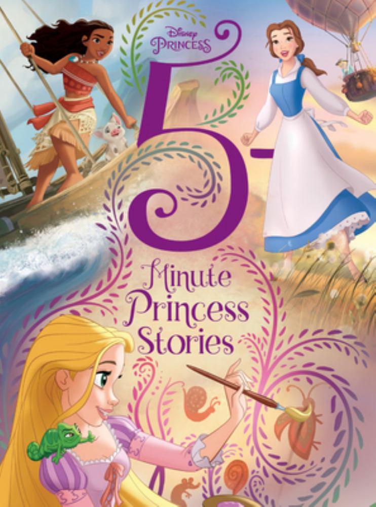 Disney Princess 5-Minute Stories book cover featuring Moana, Belle, Rapunzel, and decorative purple flourishes with the number 5