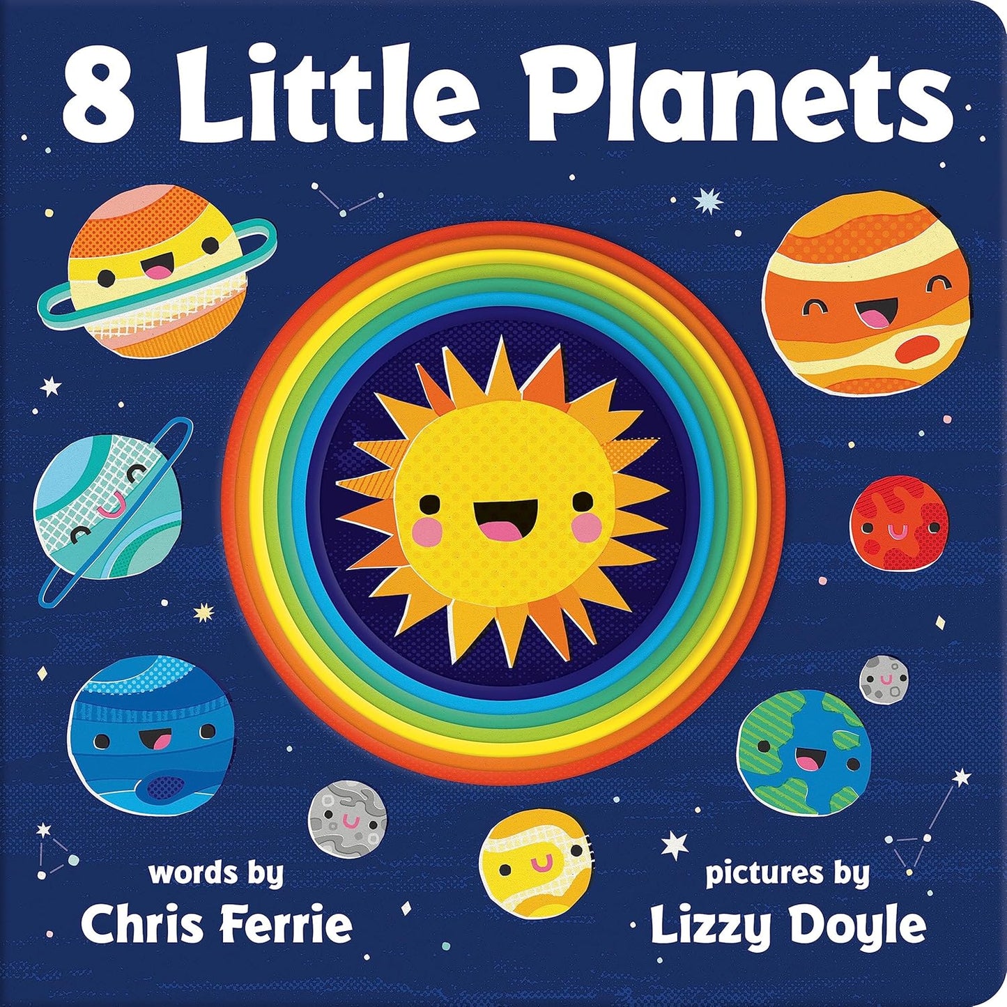 8 Little Planets board book cover featuring smiling sun surrounded by rainbow rings and eight colorful cartoon planets on a dark blue starry background