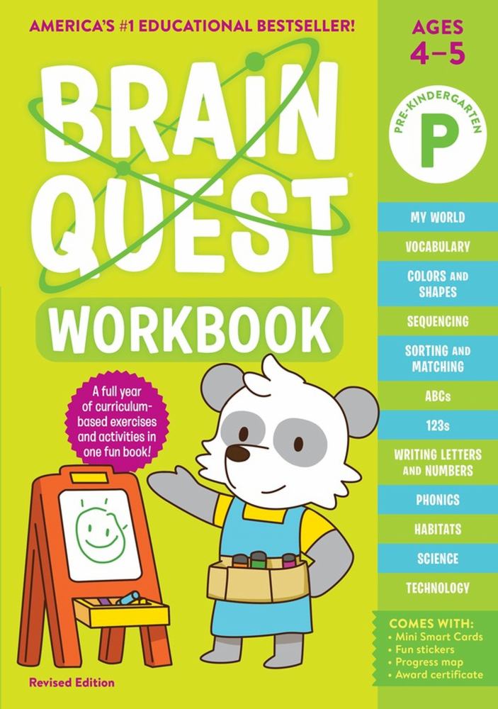 Brain Quest Workbook Pre-K cover featuring cartoon character with easel, ages 4-5, includes vocabulary, colors, shapes, ABCs, phonics, and science activities