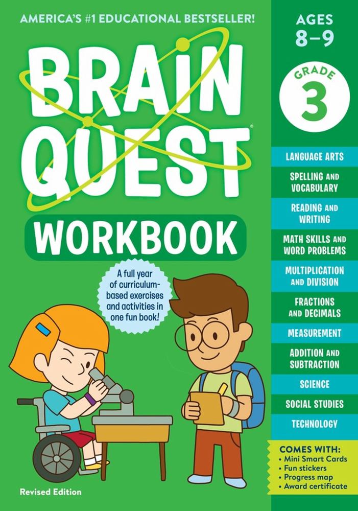 Brain Quest Workbook Grade 3 Revised Edition cover featuring two illustrated children, one in a wheelchair at a desk and one with a backpack holding a book, on