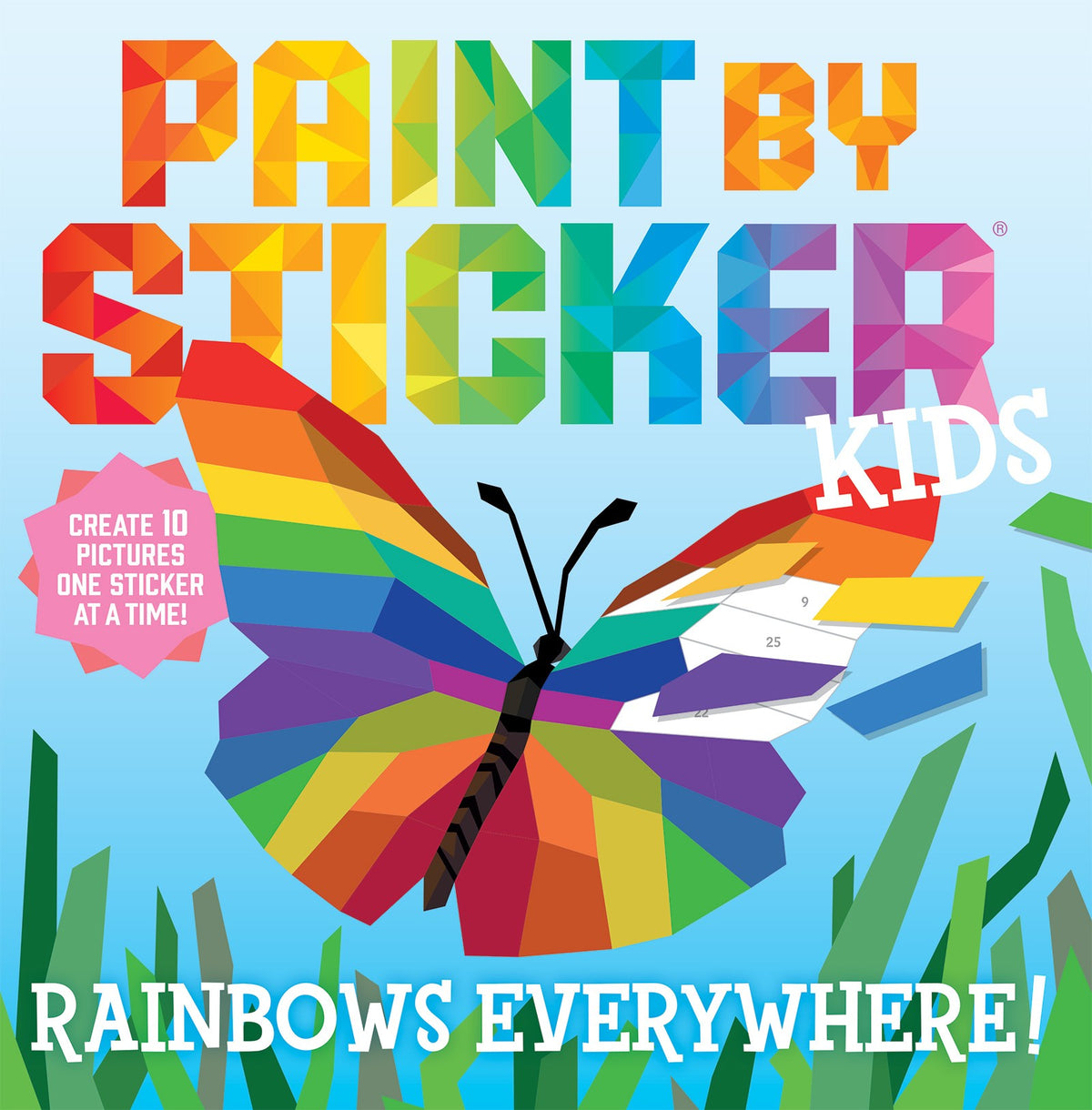Paint by Sticker Kids Rainbow Art Kit box cover featuring colorful geometric butterfly and grass with text 'Create 10 Pictures One Sticker at a Time' and 'Rainb