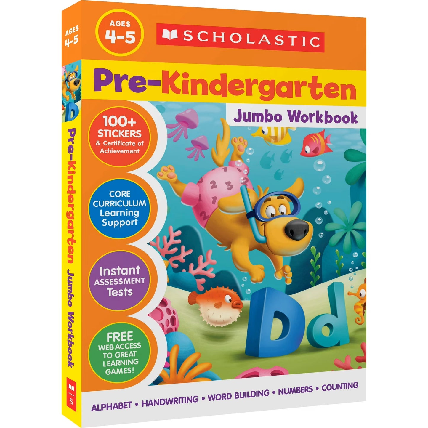 Scholastic Pre-Kindergarten Jumbo Workbook box featuring underwater scene with yellow dog character wearing snorkel gear, colorful fish, jellyfish, and sea plan