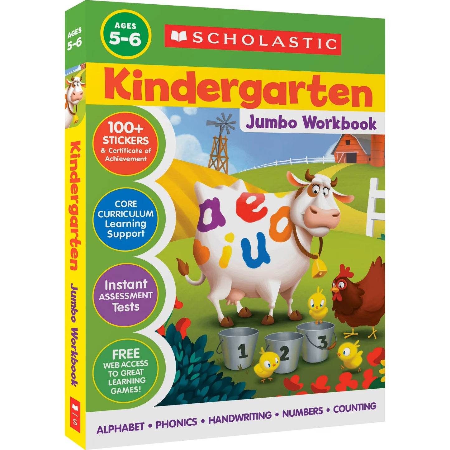 Scholastic Kindergarten Jumbo Workbook box featuring a cartoon cow with letter stickers, farm scene with barn and chickens, numbered buckets, ages 5-6, includes