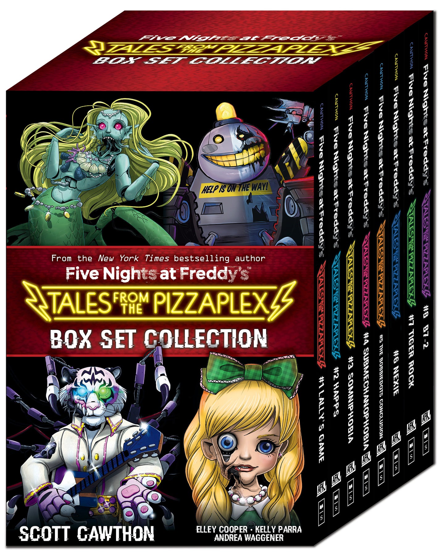 Five Nights at Freddy's Tales from the Pizzaplex 8-book box set collection, featuring colorful animated characters including a blonde doll with green bow, a ani