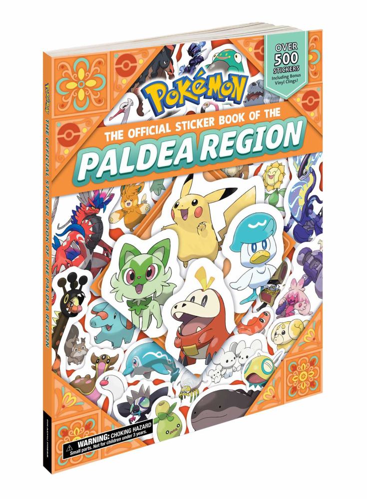 The Official Sticker Book of the Paldea Region Pokemon sticker book cover featuring Pikachu, Sprigatito, Fuecoco, and other Paldea region Pokemon characters on