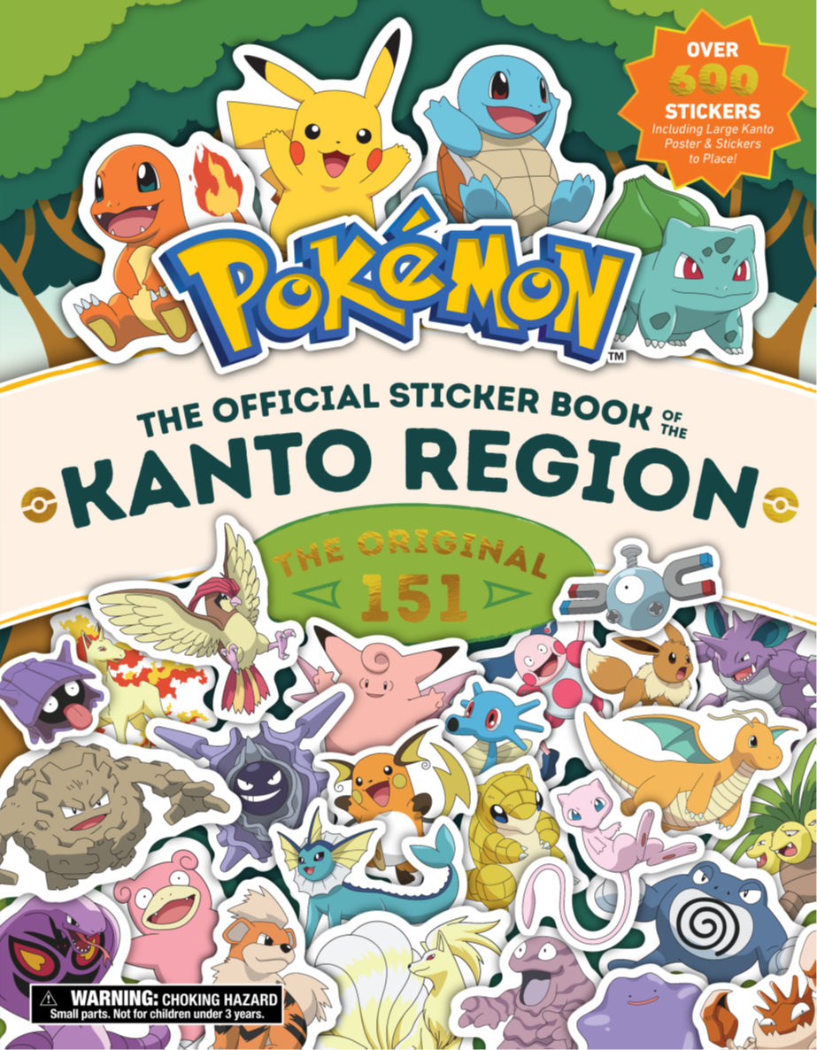 The Official Sticker Book of the Kanto Region featuring Pokémon characters including Pikachu, Charmander, Squirtle, and Bulbasaur, with over 300 stickers includ