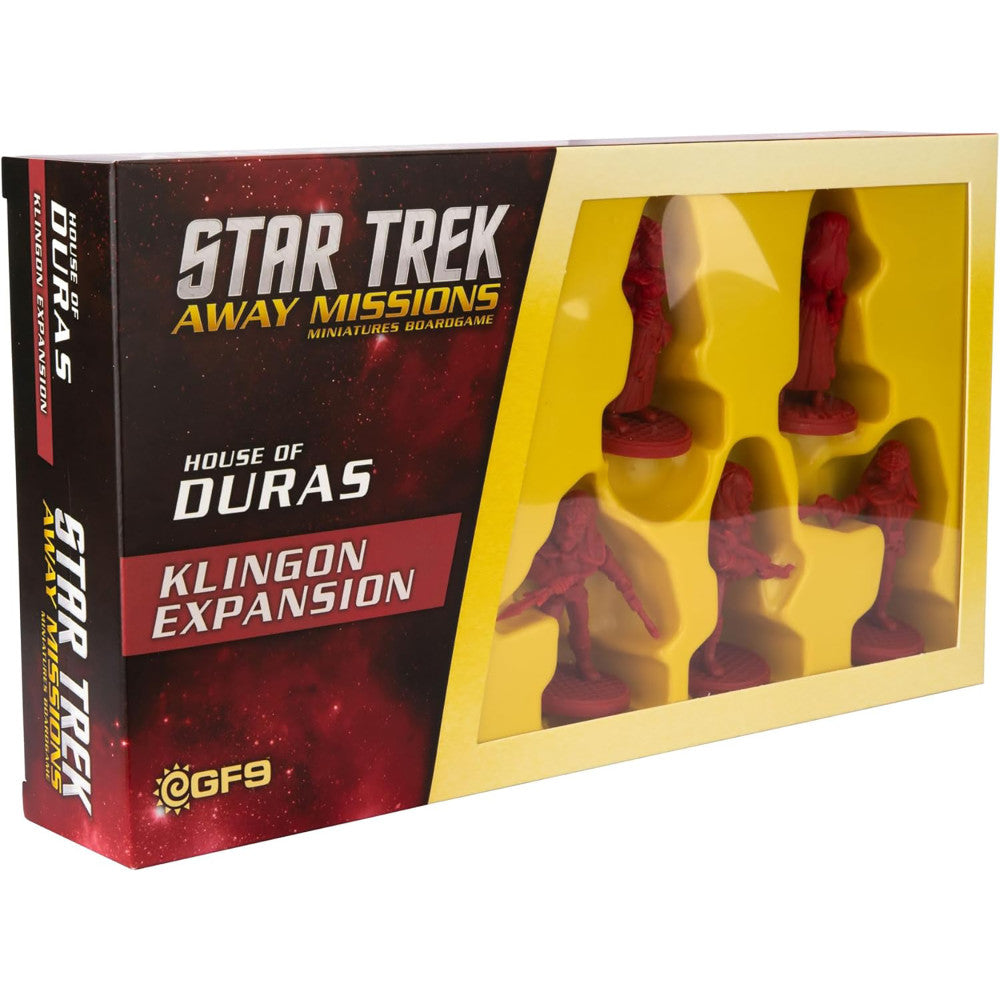 Star Trek Away Missions: House of Duras Klingon Expansion board game box with red and dark packaging, showing red Klingon warrior miniatures visible through yel
