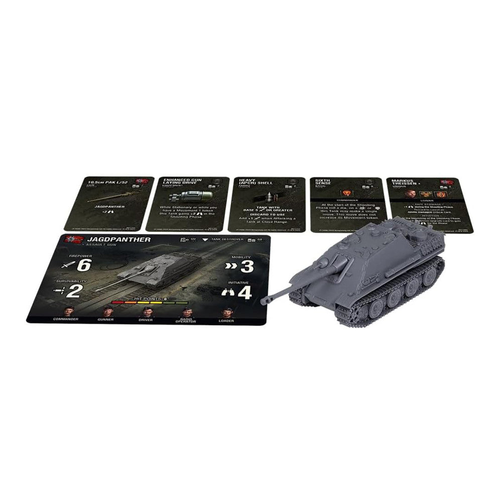 World of Tanks Jagdpanther game set with gray tank miniature, stat card showing firepower 6 and mobility 3, and five black ability cards on white background